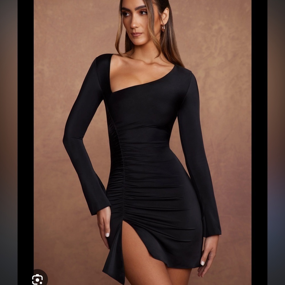 Oh Polly Dress Women’s 2 Rea Long Sleeve Asymmetric Mini black Ruched B27